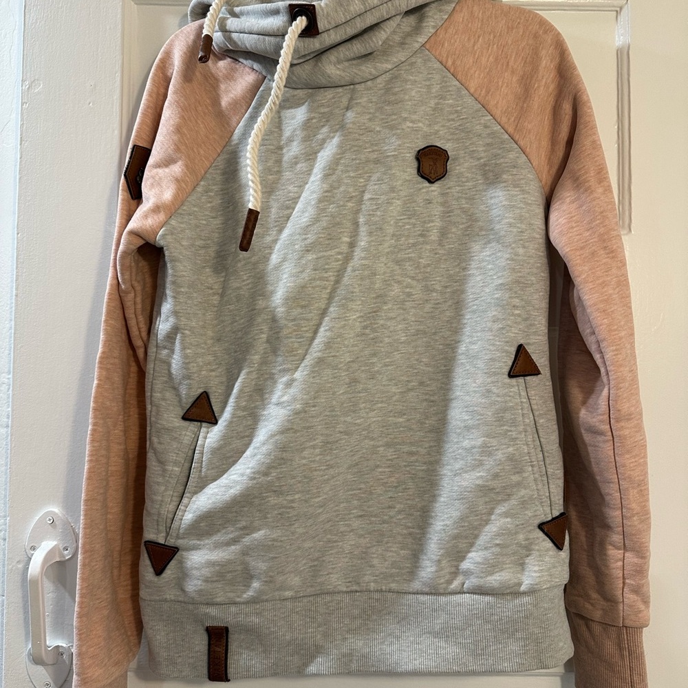Naketano Colorblock Pink Gray Asymmetrical Cowl Neck Women’s Hoodie - Picture 2 of 8